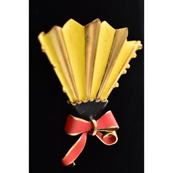 Germany Vintage Fan Pin Brooch Yellow Red Enamel Signed Art Deco Mid 1940s Bin4 - Picture 4 of 12